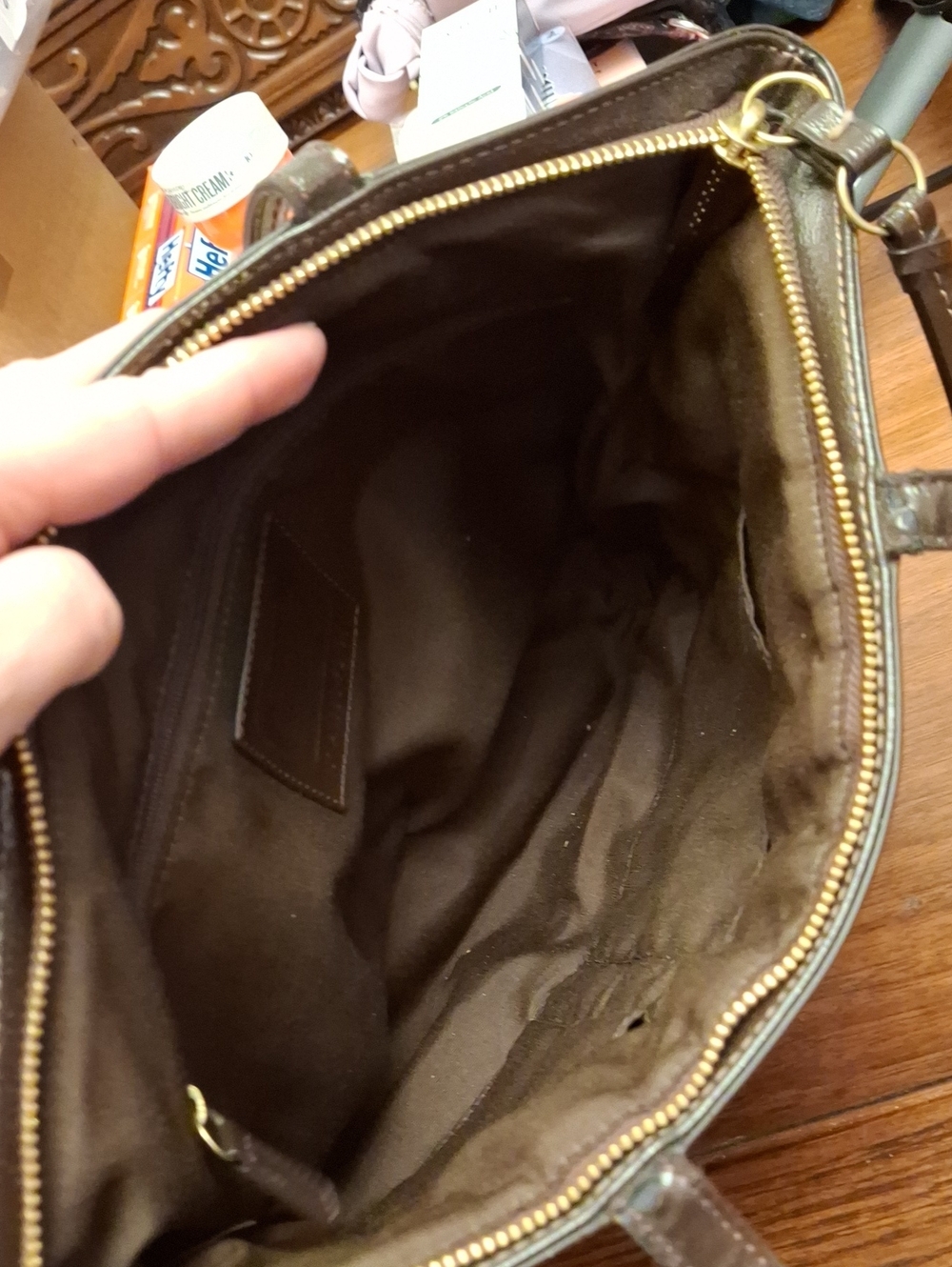 2013 Jan Coach signature-pattern canvas tote dark brown Accents Prelove Like New - Picture 12 of 16